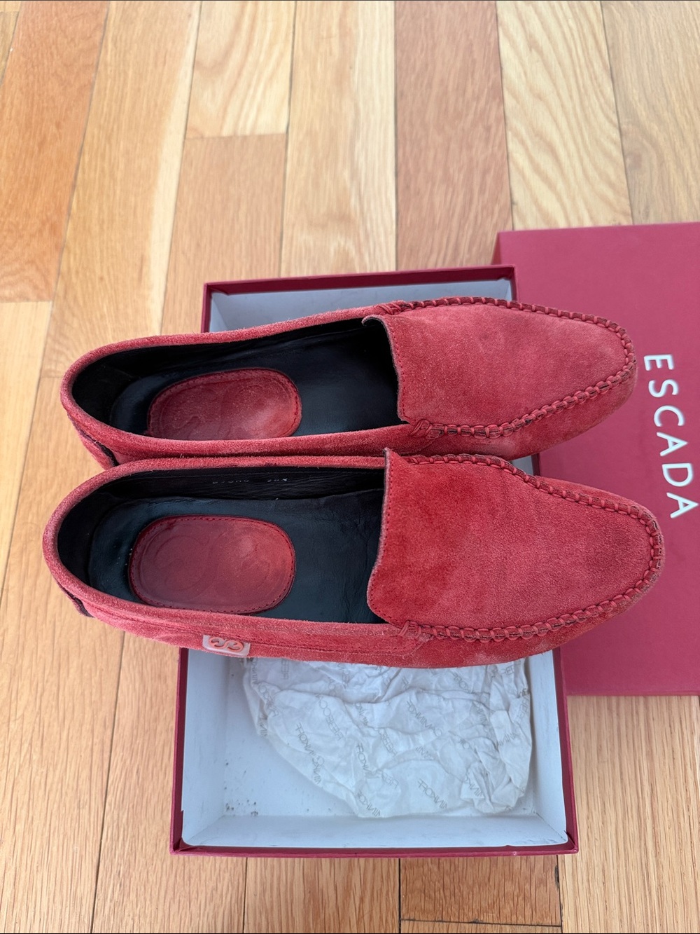 Escada Red Suede Slip-On Loafers Size 38.5 - Picture 2 of 7